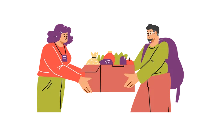 Volunteer gives a man the necessary food  Illustration