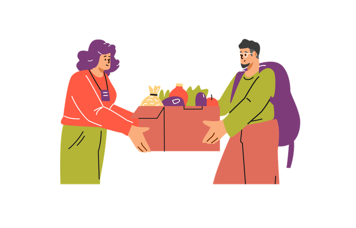 Volunteer gives a man the necessary food  Illustration