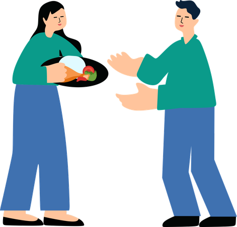 Volunteer giving food to Volunteer  Illustration