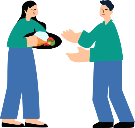 Volunteer giving food to Volunteer  Illustration