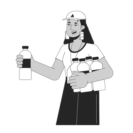 Volunteer Giving Water Flat Line Black White Vector Character Woman In Cap Donation Volunteering Editable Outline Full Body Person Simple Cartoon Isolated Spot Illustration For Web Graphic Design 일러스트레이션