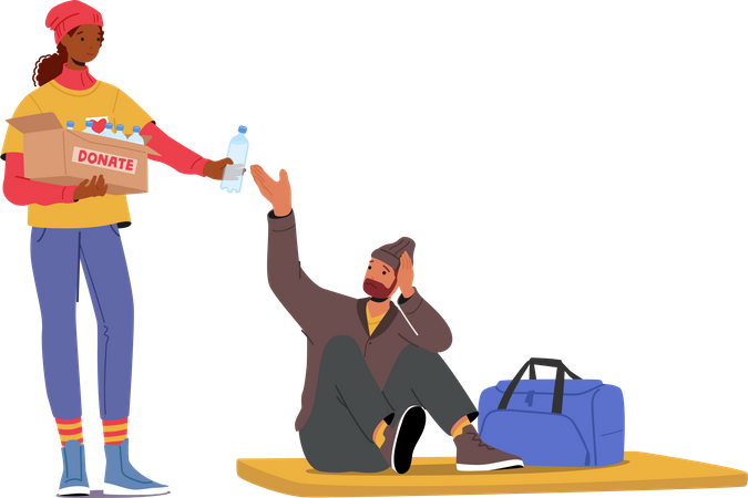 Volunteer Giving Water Bottle to Refugee Man Sitting on Floor Map in Shelter Illustration