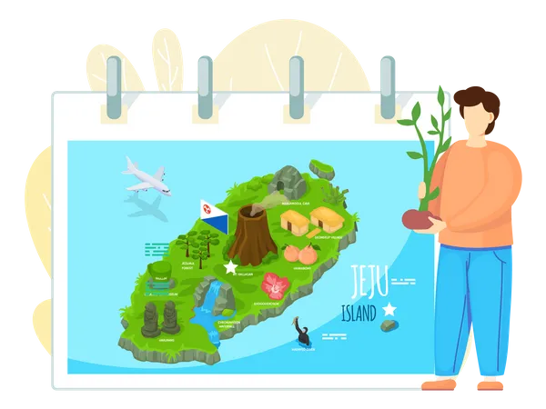 Jeju Island Map In Cartoon Style With Main Attractions And Inscriptions Beautiful Green Island In South Korea With Various Jeju Symbols Volunteer Holding Tree Sprout Environmental Protection Illustration