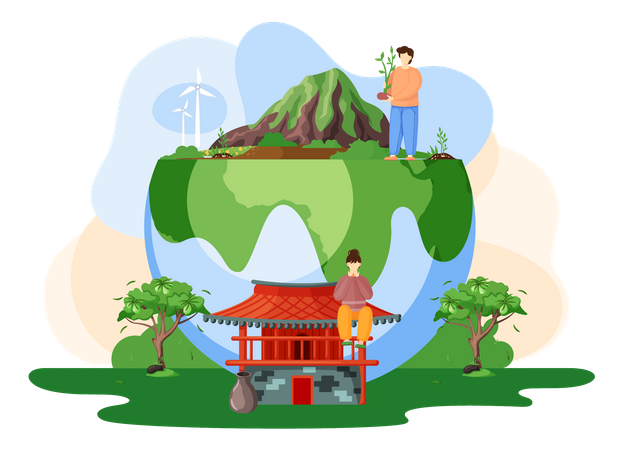 Volunteer holding tree sprout on jeju island  Illustration