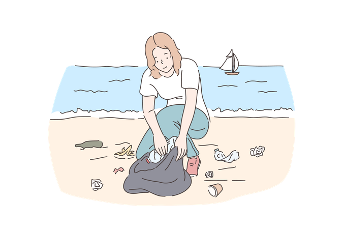 Volunteer is cleaning beach waste  Illustration