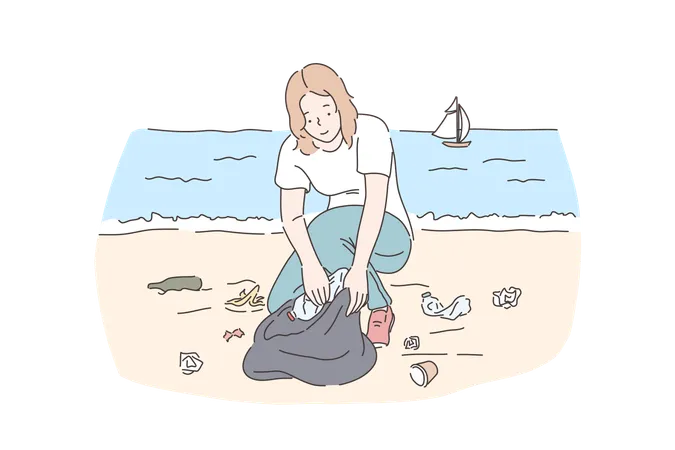 Female Volunteer Cleaning Beach Save Planet And Nature Protection Concept Young Woman Collecting Plastic Disposable Bottles Picking Waste And Rubbish At Seashore Simple Flat Vector Illustration