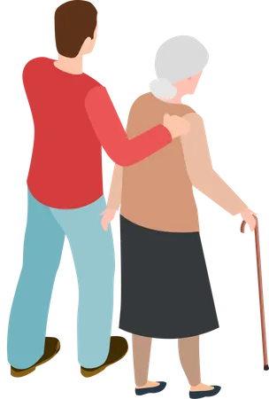 Volunteer man helping senior lady  Illustration