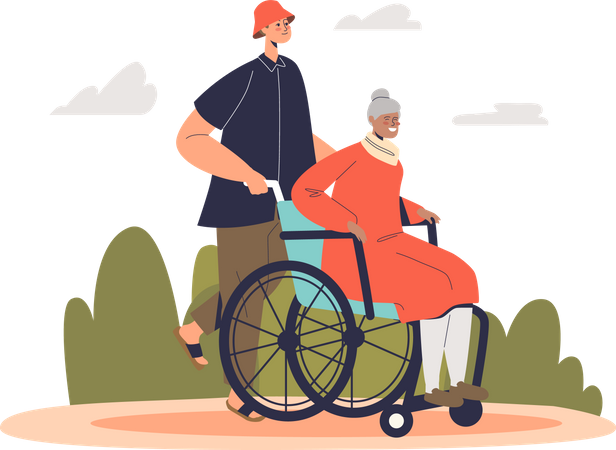 Volunteer man helping senior lady on wheelchair Illustration