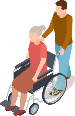 Volunteer man helping senior lady on wheelchair  Illustration