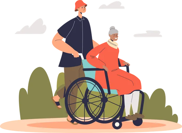 Volunteer man helping senior lady on wheelchair  Illustration