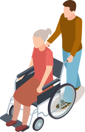 Volunteer man helping senior lady on wheelchair  Illustration