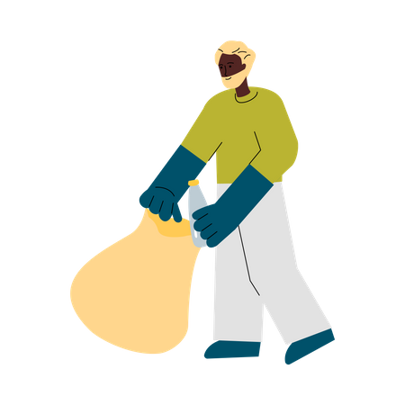 Volunteer man putting plastic bottle in plastic bag  Illustration