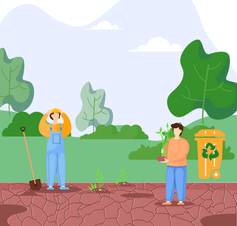 Volunteer people plant trees into dry ground  Illustration