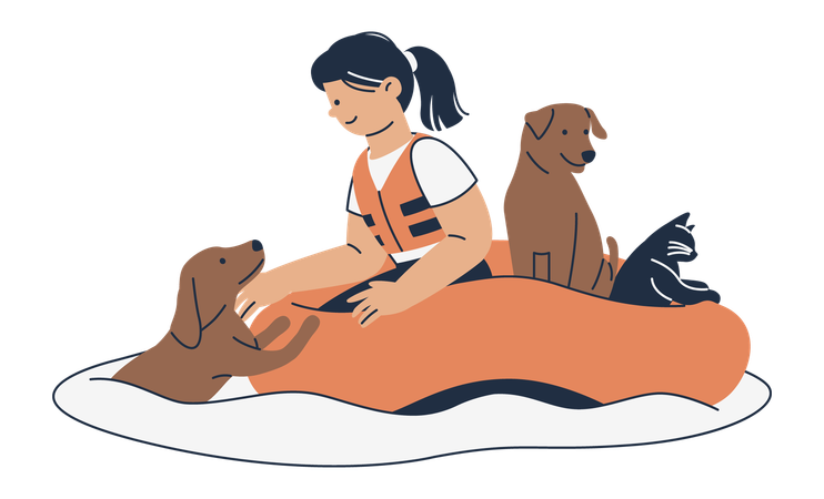 Volunteer saving animals in flood  Illustration