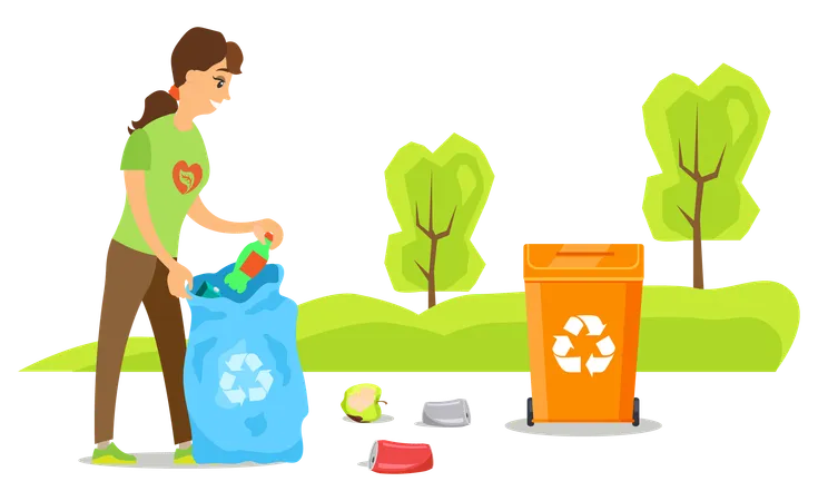 Woman Volunteer Cleaning Trash Plastic And Organic Litter Activist Putting Bottle In Bag Environmental Caring Female Worker Sorting Garbage Vector Illustration