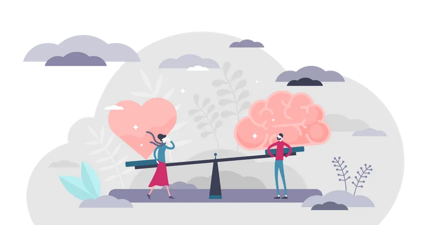 Gut Instincts Vector Illustration Brain Vs Heart Flat Tiny Persons Concept Symbolic Creative Scene With Seesaw And Love In One Side And Practical In Opposite Emotional Instincts And Logic Balance Illustration