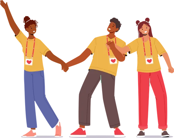 Volunteer team smiling with hands up  Illustration