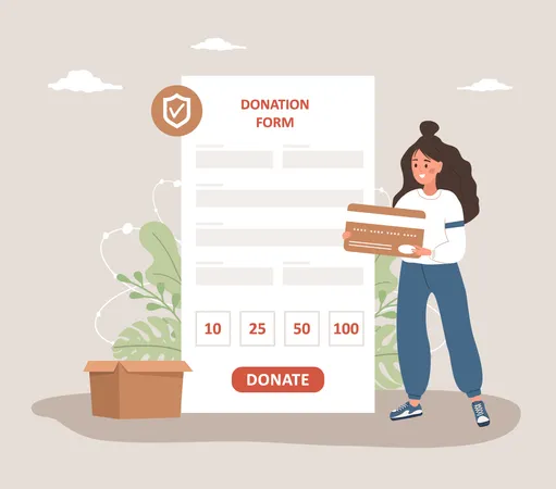 Volunteer woman donating money and paying with credit card  Illustration