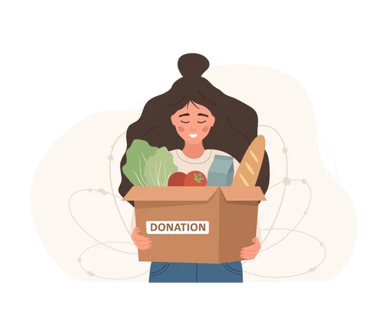 Volunteer woman holding in hands cardboard box full of different products  Illustration