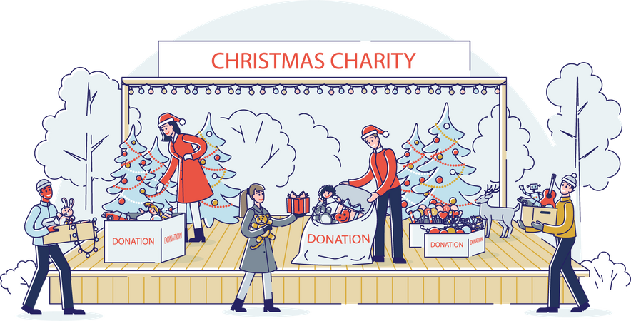 Volunteer worker gathering donation for Christmas charity  イラスト