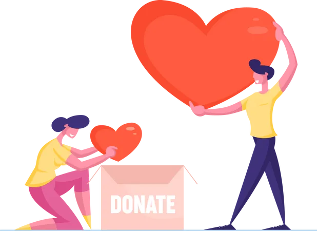 Male And Female Volunteer Characters Put Hearts In Cardboard Donation Box For Help To Poor People In Shelter Support Social Care Volunteering And Charity Concept Cartoon People Vector Illustration Illustration