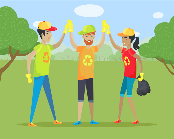Volunteering People Cleaning Forest from Garbage  일러스트레이션