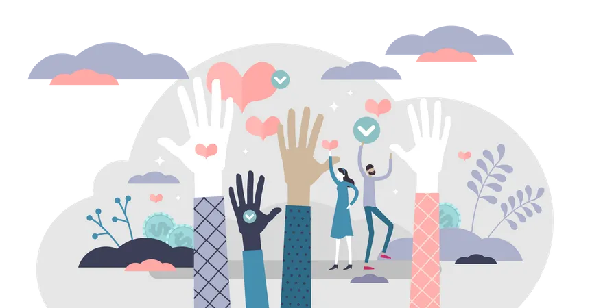 Volunteering Ready Vector Illustration Raised Hands Flat Tiny Person Concept Human Assistance Service With Desire To Help Care Be Helpful Support Or Donate Symbolic Community Power Visualization Illustration