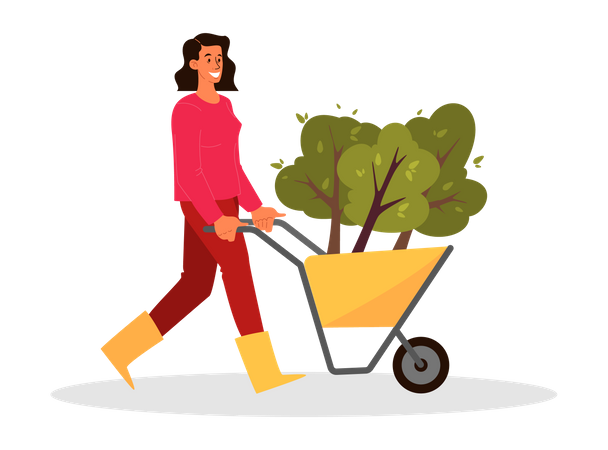 Volunteering woman holding a cart with tree  Illustration
