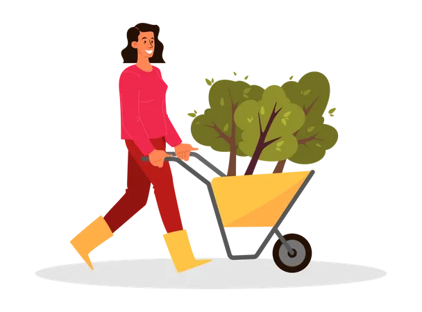 Volunteering woman holding a cart with tree  Illustration