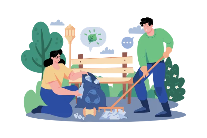 Volunteers Are Collecting Garbage In The Park Illustration