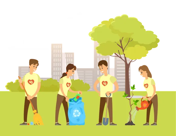 Volunteers are gathering waste from garden  Illustration