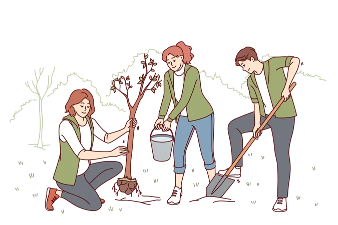 Volunteers Plant Trees In Park And Water Seedlings To Save Nature From Co 2 Emissions And Climate Change People With Paw And Bucket For Planting Trees Helping Ecology Recover After Deforestation Illustration