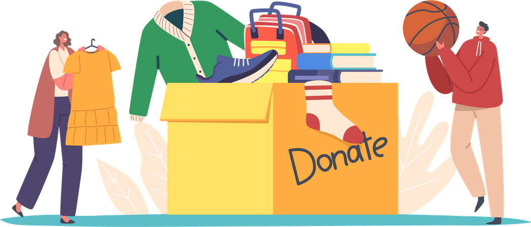 Volunteers Bringing Different Clothes, Stationery, Books Illustration