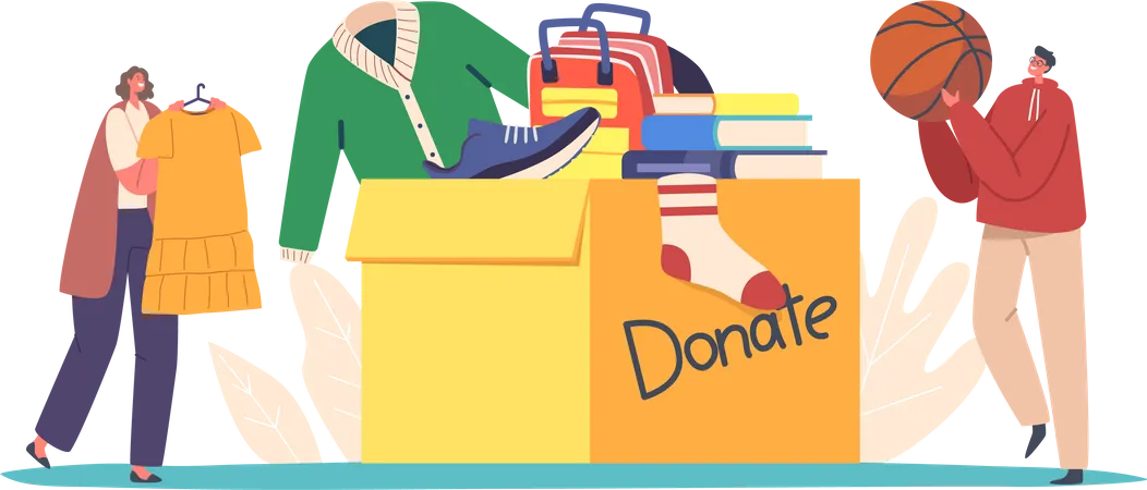Volunteers Bringing Different Clothes, Stationery, Books Illustration