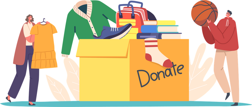 Volunteers Bringing Different Clothes, Stationery, Books  Illustration