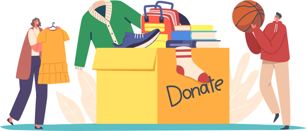 Volunteers Bringing Different Clothes, Stationery, Books  Illustration