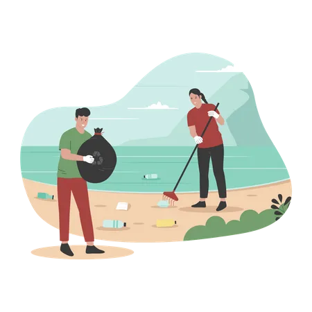 Volunteers cleaning beach from trash  Illustration