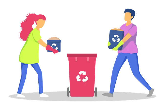 Volunteers deposit waste into dumpster Illustration