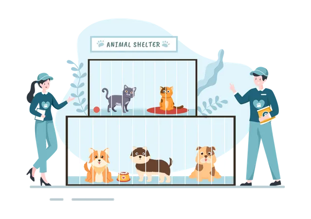 Volunteers giving food to pets  Illustration