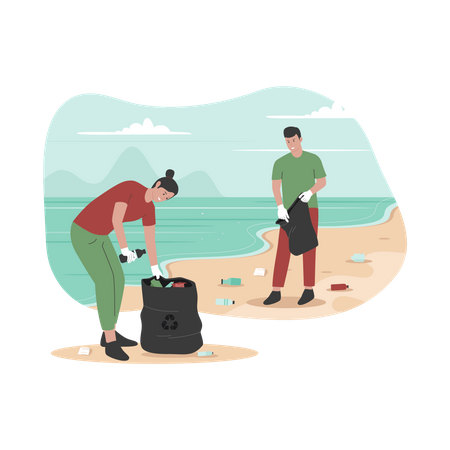 Volunteers people cleaning beach from trash  Illustration