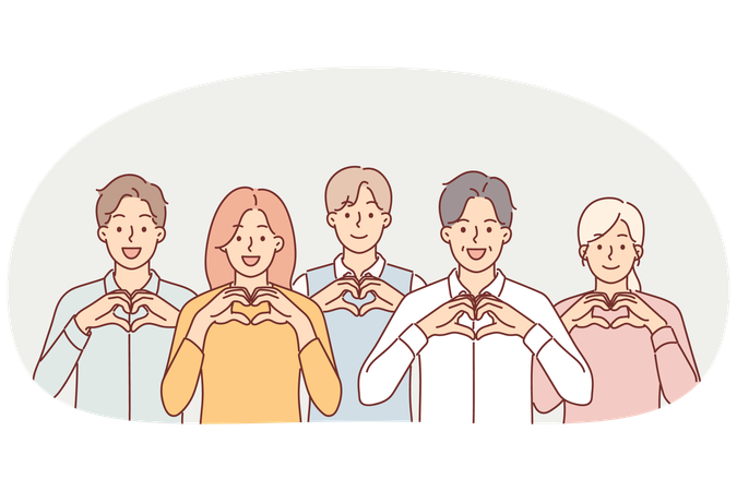 자원봉사자들이 하트 제스처를 보이며 자선 단체에 기부금을 보내라고 요청합니다.  일러스트레이션