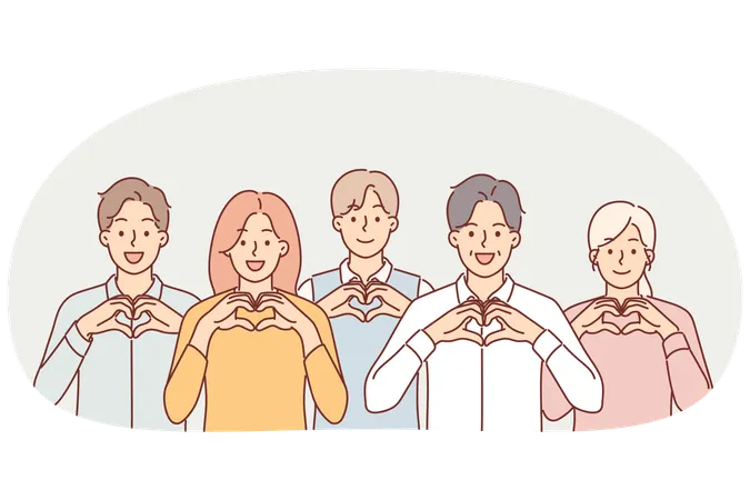 자원봉사자들이 하트 제스처를 보이며 자선 단체에 기부금을 보내라고 요청합니다.  일러스트레이션