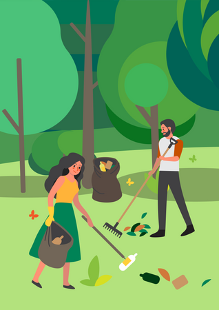 Volunteers picking up rubbish in park  Illustration