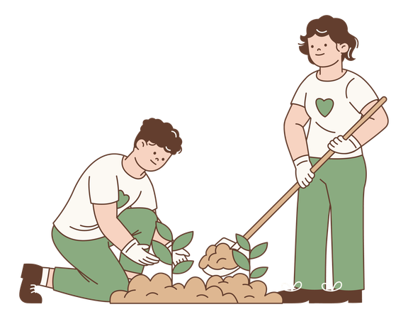 Volunteers Planting Tree Together for Environmental Protection  Illustration