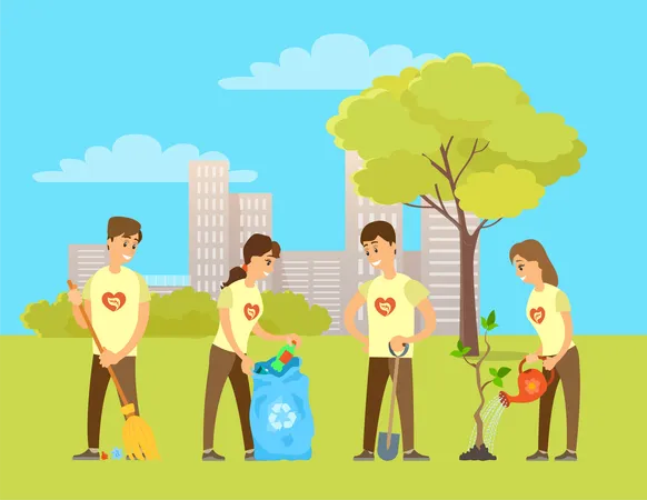 Volunteers planting trees and collecting garbage  Illustration