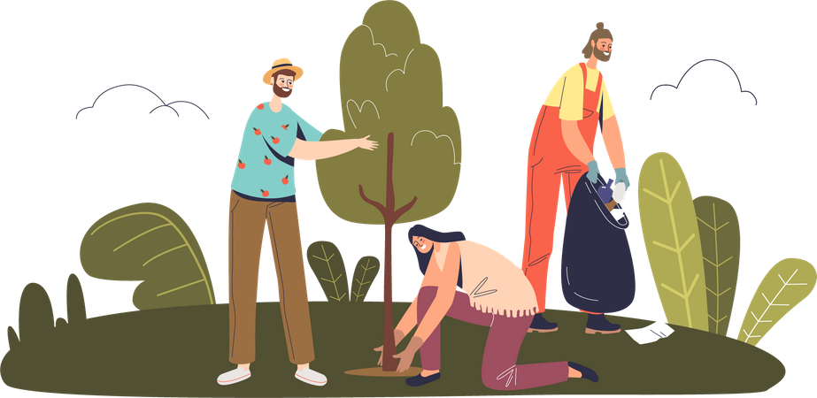 Volunteers planting trees and collecting garbage Illustration