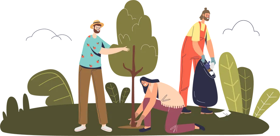 Volunteers planting trees and collecting garbage  Illustration