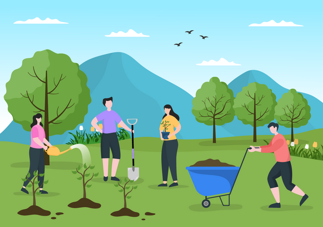 Volunteers Planting Trees  Illustration