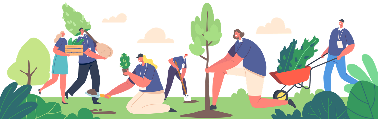 Volunteers Planting trees in park  Illustration