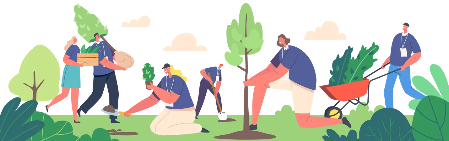 Volunteers Planting trees in park  Illustration